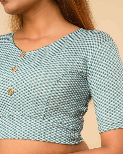 Gingham Peacock Stretchable Checked V-Neck Saree Blouse Advi
