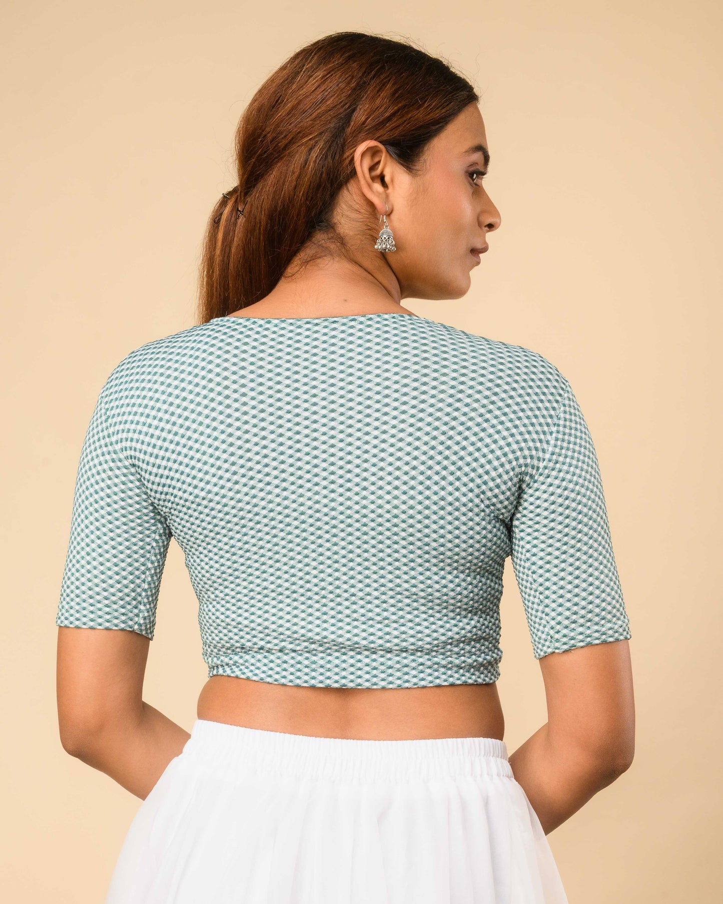 Gingham Peacock Stretchable Checked V-Neck Saree Blouse Advi