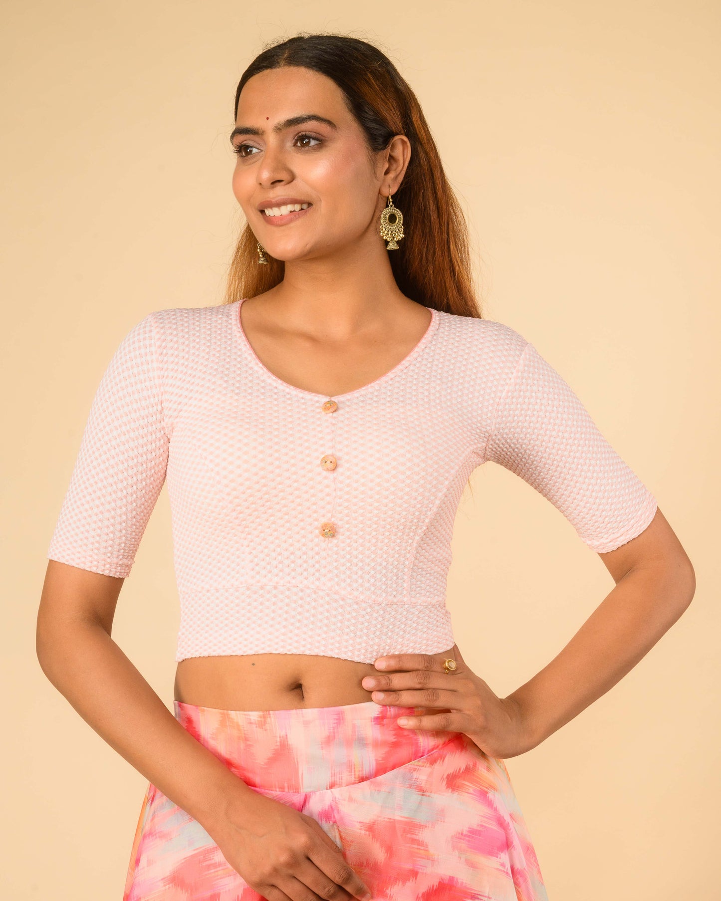 Gingham Pink Stretchable Checked V-Neck Saree Blouse Advi