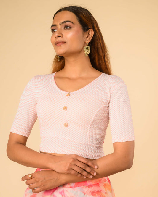 Gingham Pink Stretchable Checked V-Neck Saree Blouse Advi
