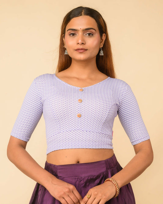 Gingham Purple Stretchable Checked V-Neck Saree Blouse Advi