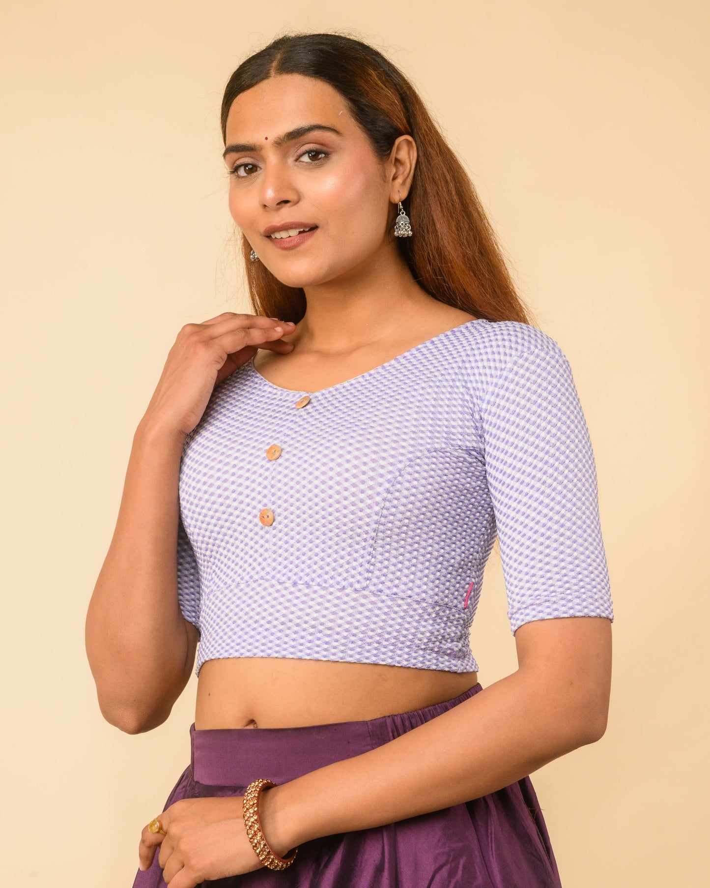 Gingham Purple Stretchable Checked V-Neck Saree Blouse Advi