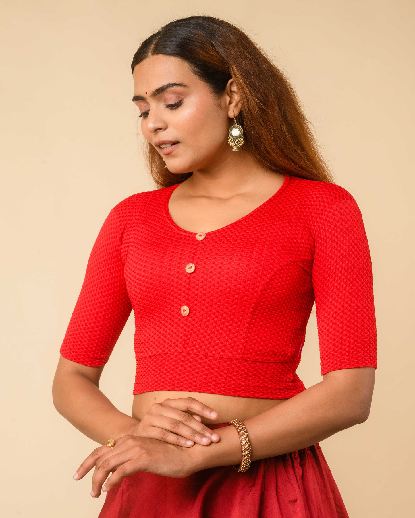Gingham Red Stretchable Checked V-Neck Saree Blouse Advi