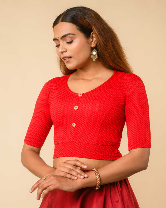 Gingham Red Stretchable Checked V-Neck Saree Blouse Advi