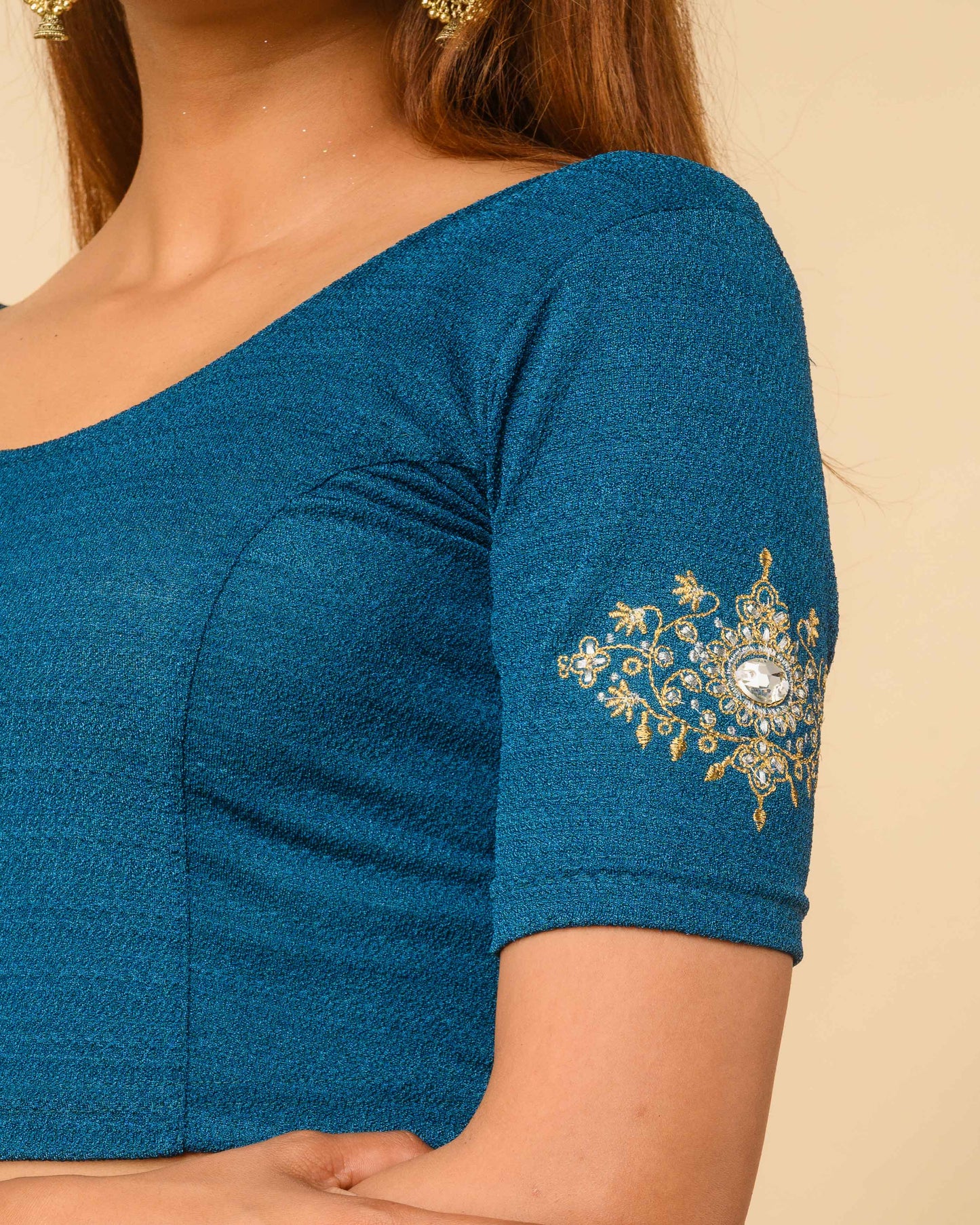 Vajra Rama Green Bajuband Embroidery Work Stretchable Saree Blouse