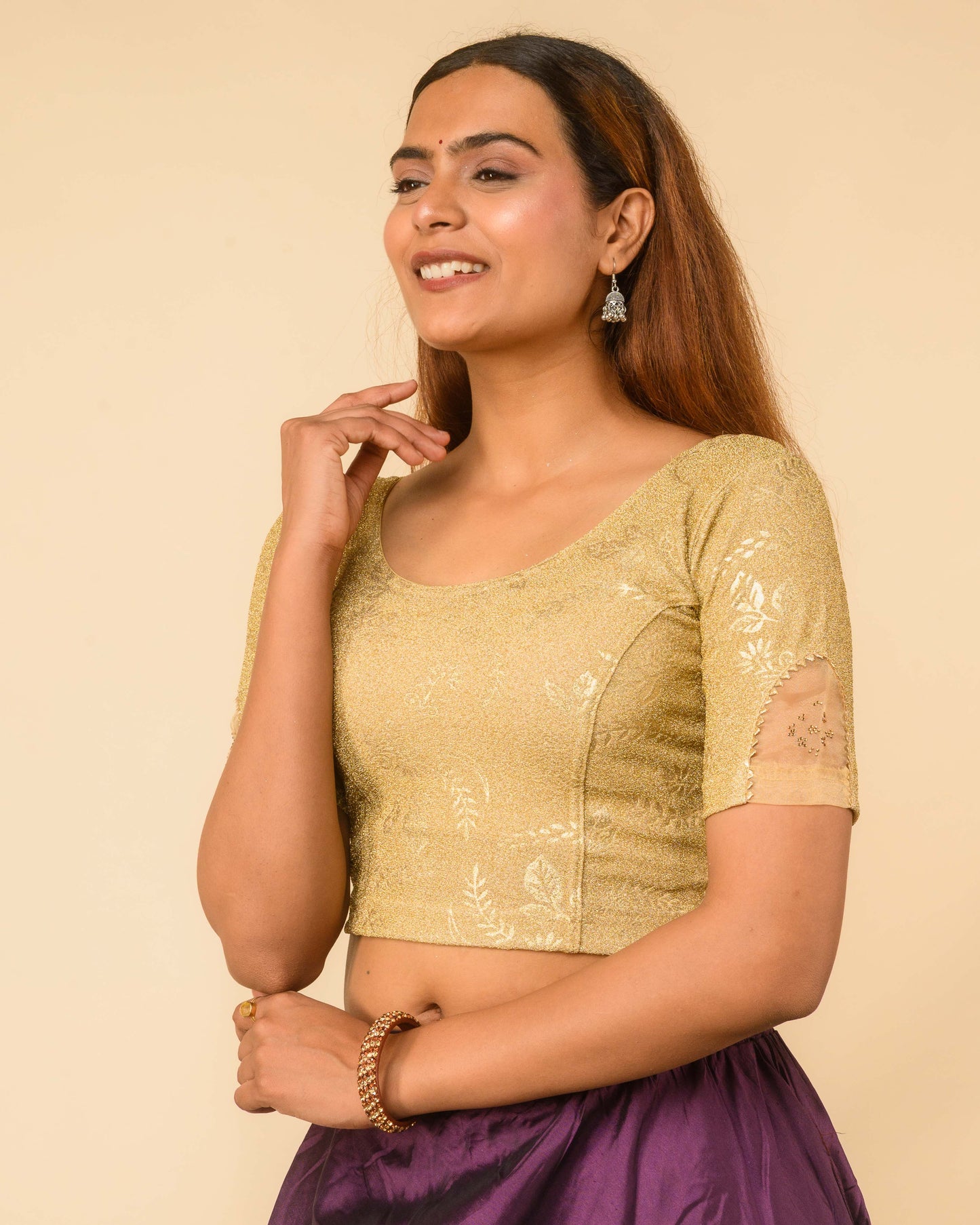 Ambree Metallic Gold Swarovski Stone Stretchable Saree Blouse – Advi