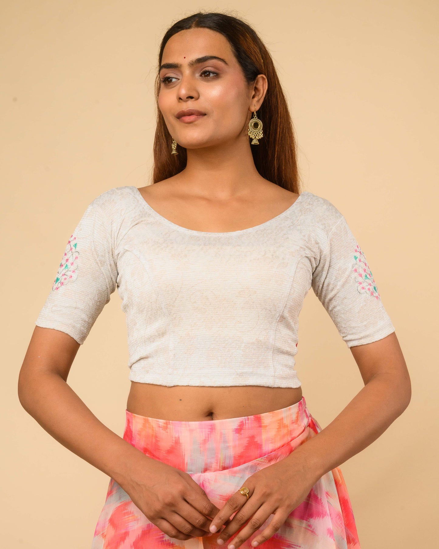 Multani Multicolour Mughal Embroidery Stretchable Saree Blouse Advi - Silver