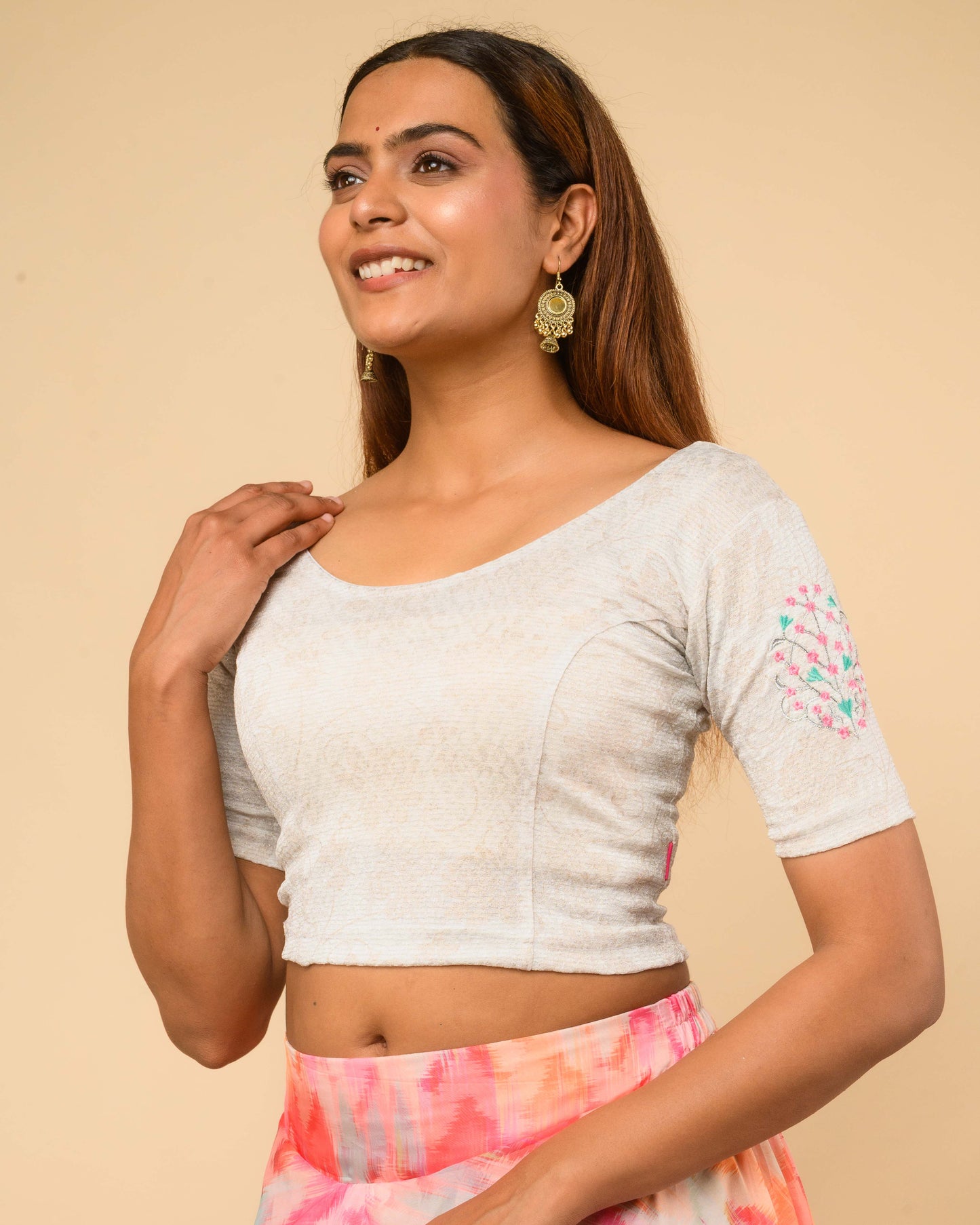 Multani Multicolour Mughal Embroidery Stretchable Saree Blouse Advi - Silver