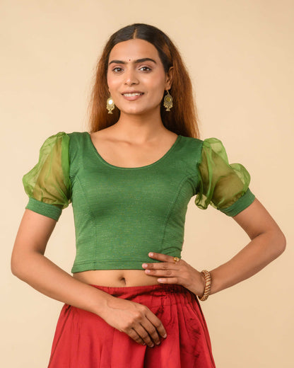 Vaayu Green Organza Puff Saree Blouse – Designer Stretchable by Advi