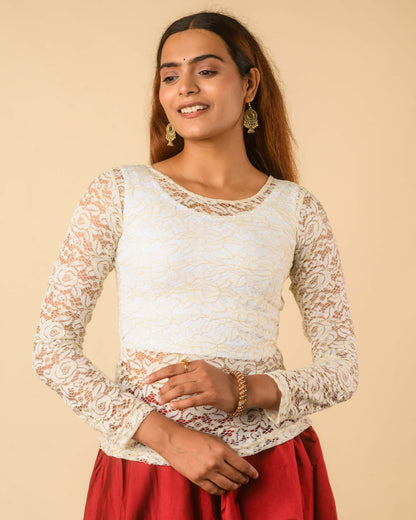 Maria White Shimmer Lace Readymade Saree Blouse – Advi Set of 2