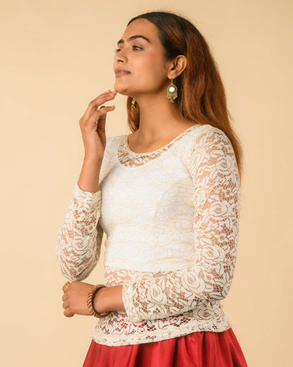 Maria White Shimmer Lace Readymade Saree Blouse – Advi Set of 2