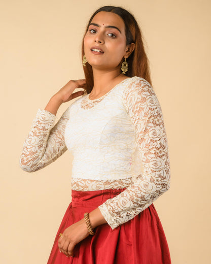 Maria White Shimmer Lace Readymade Saree Blouse – Advi Set of 2