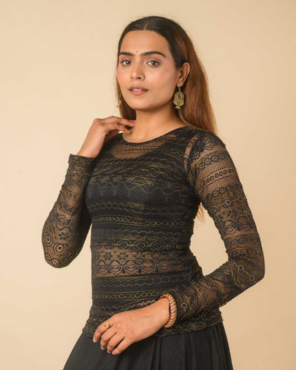 Maria Black Shimmer Lace Readymade Saree Blouse – Advi Set of 2