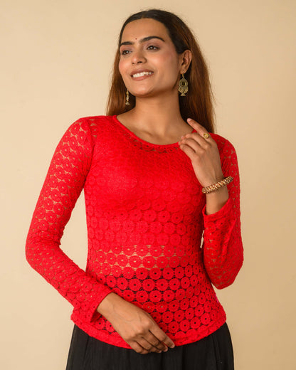 Maria Red Shimmer Lace Readymade Saree Blouse – Advi Set of 2