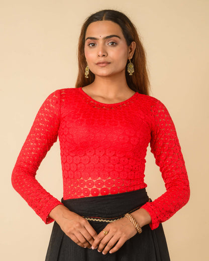 Maria Red Shimmer Lace Readymade Saree Blouse – Advi Set of 2