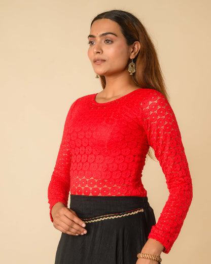 Maria Red Shimmer Lace Readymade Saree Blouse – Advi Set of 2