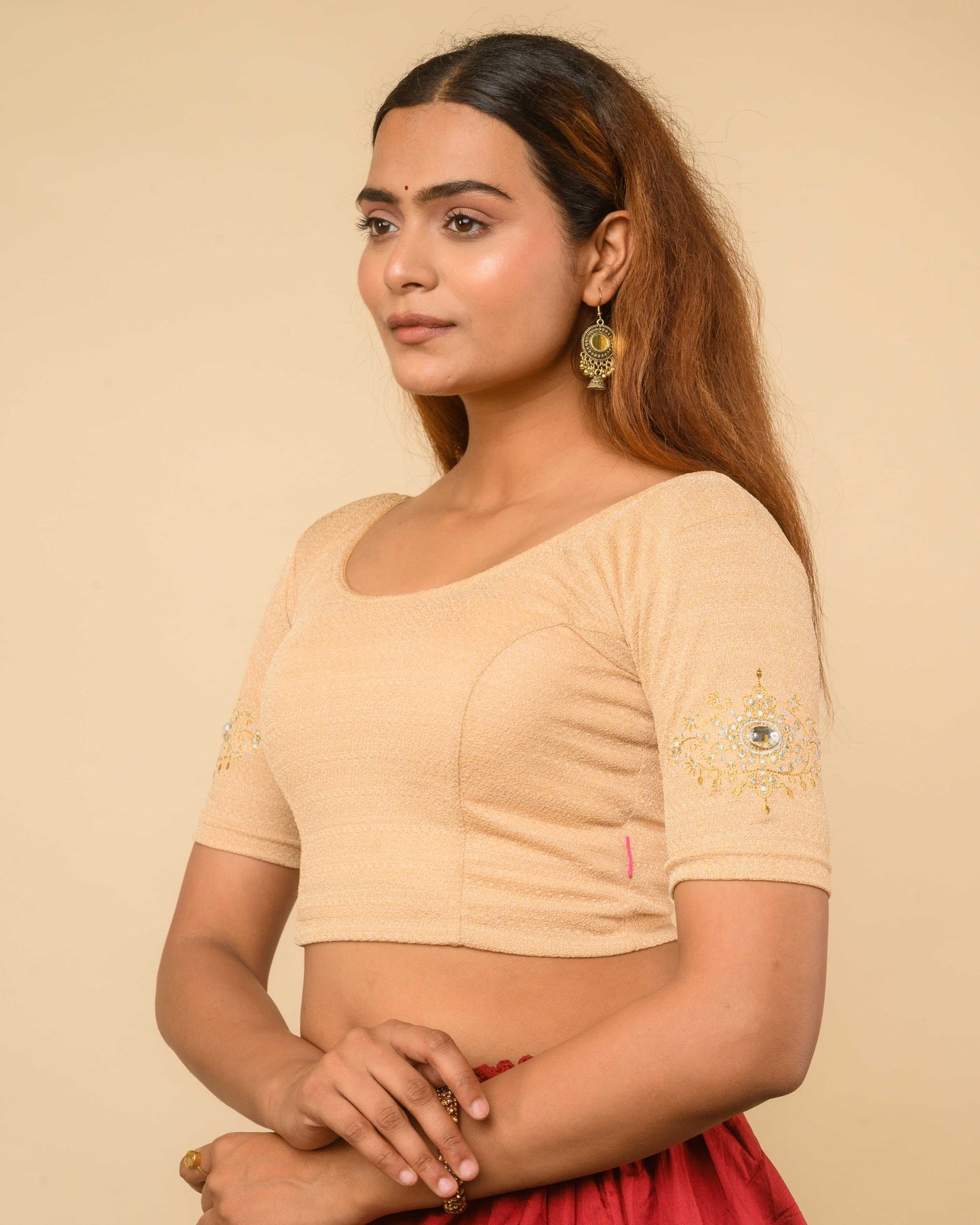 Vajra Beige Bajuband Embroidery Work Stretchable Saree Blouse