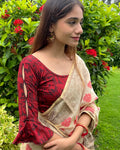 Taani Two Tone Red Fancy sleeve Ruffle Stretchable Slip On Blouse