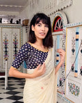 Kalee Navy Frill Neck Jacquard Blouse with Designer Back by Advi