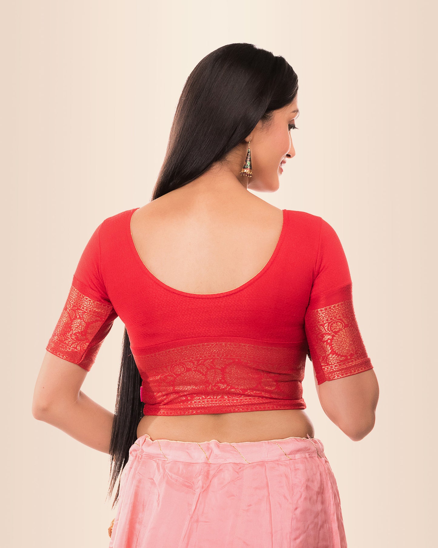 Swarna Red Gold Border Blouse in Soft Lycra with Boat Neck and Stretch by Advi