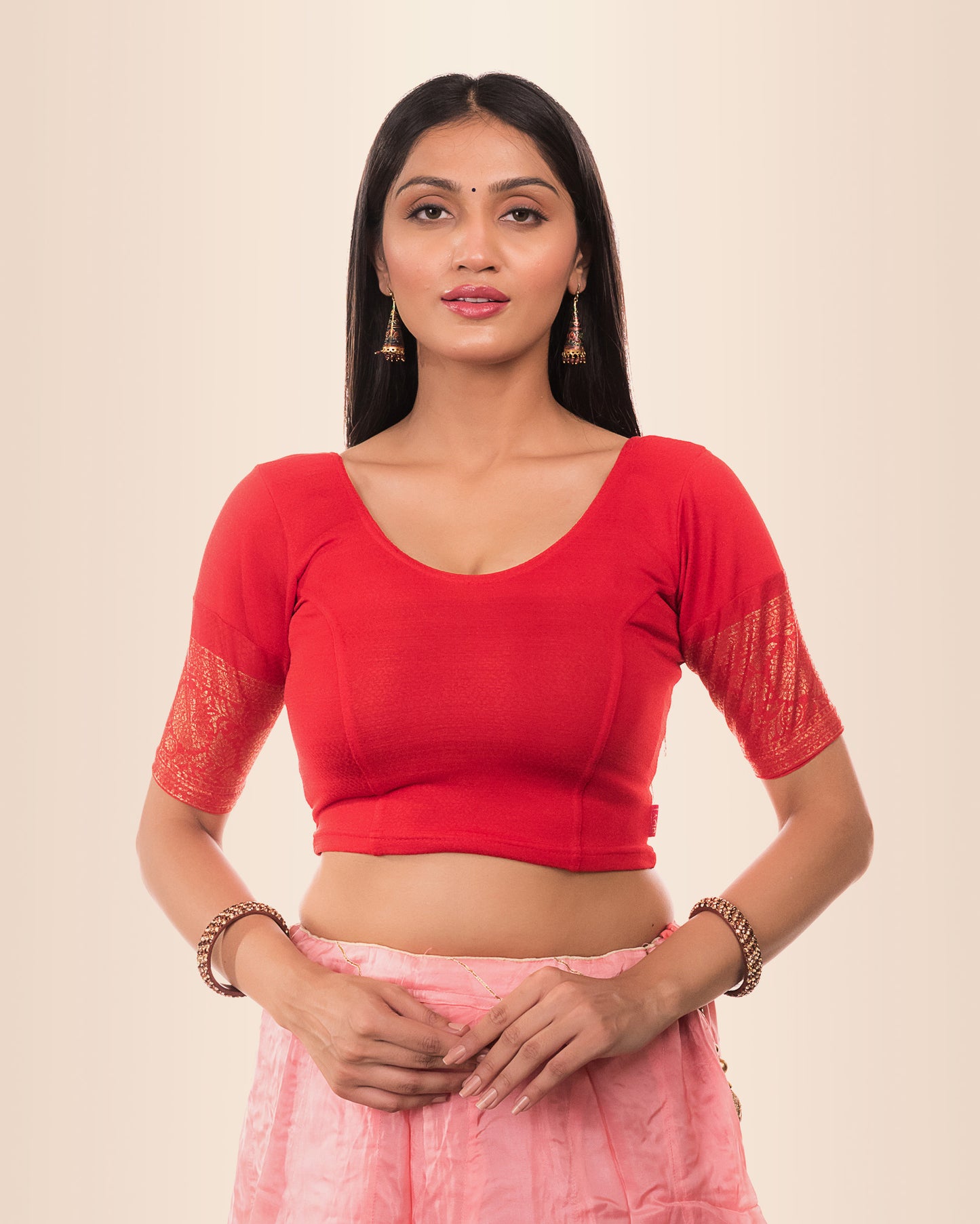 Swarna Red Gold Border Blouse in Soft Lycra with Boat Neck and Stretch by Advi