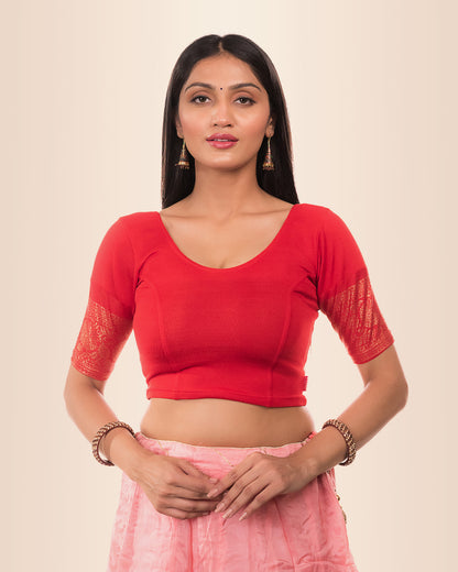 Swarna Red Gold Border Blouse in Soft Lycra with Boat Neck and Stretch by Advi