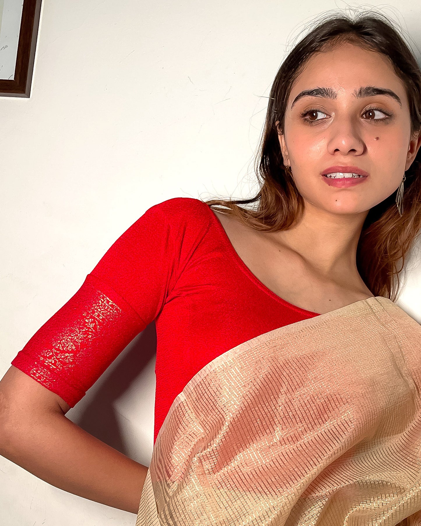 Swarna Red Gold Border Blouse in Soft Lycra with Boat Neck and Stretch by Advi