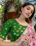 Daisy Green Gold Flower Print Pleated Jacquard Slip On Saree Blouse by Advi