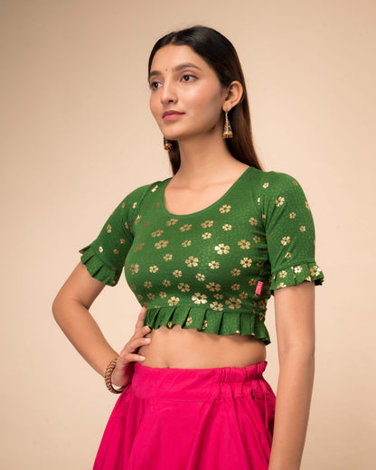 Daisy Green Gold Flower Print Pleated Jacquard Slip On Saree Blouse by Advi