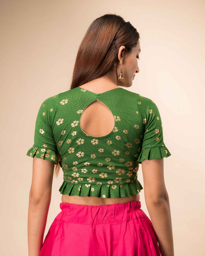 Daisy Green Gold Flower Print Pleated Jacquard Slip On Saree Blouse by Advi