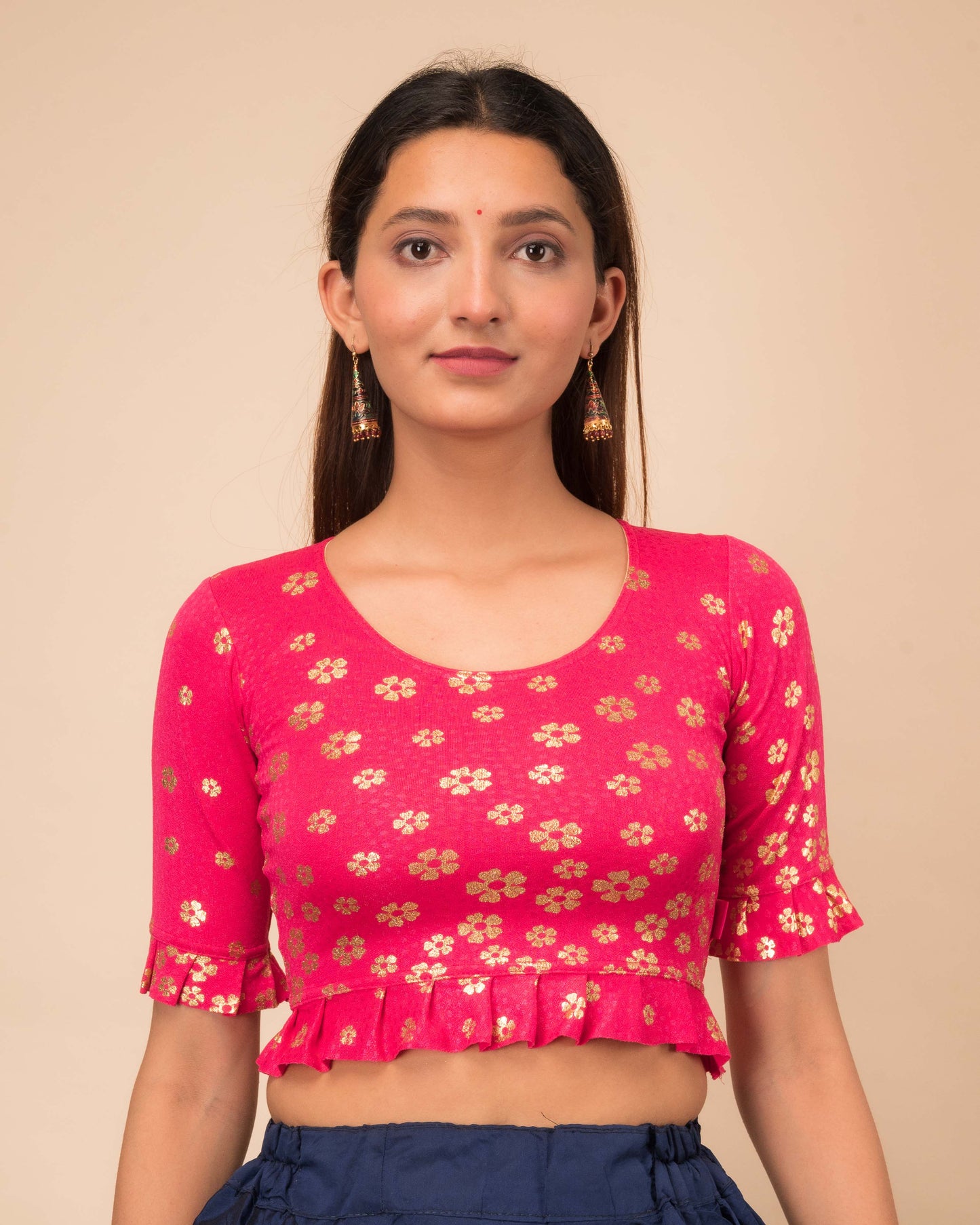 Daisy Rani Floral Gold Print Blouse with Frill and Boat Neck by Advi