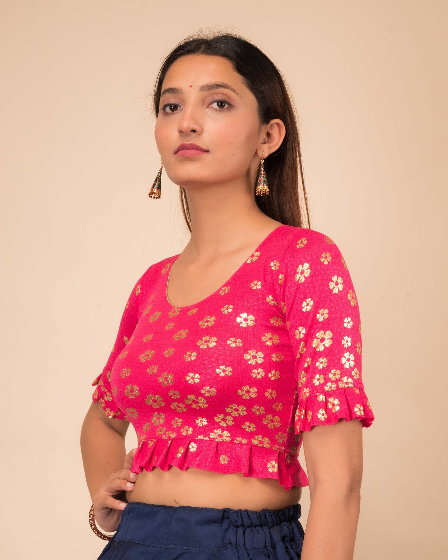Daisy Rani Floral Gold Print Blouse with Frill and Boat Neck by Advi