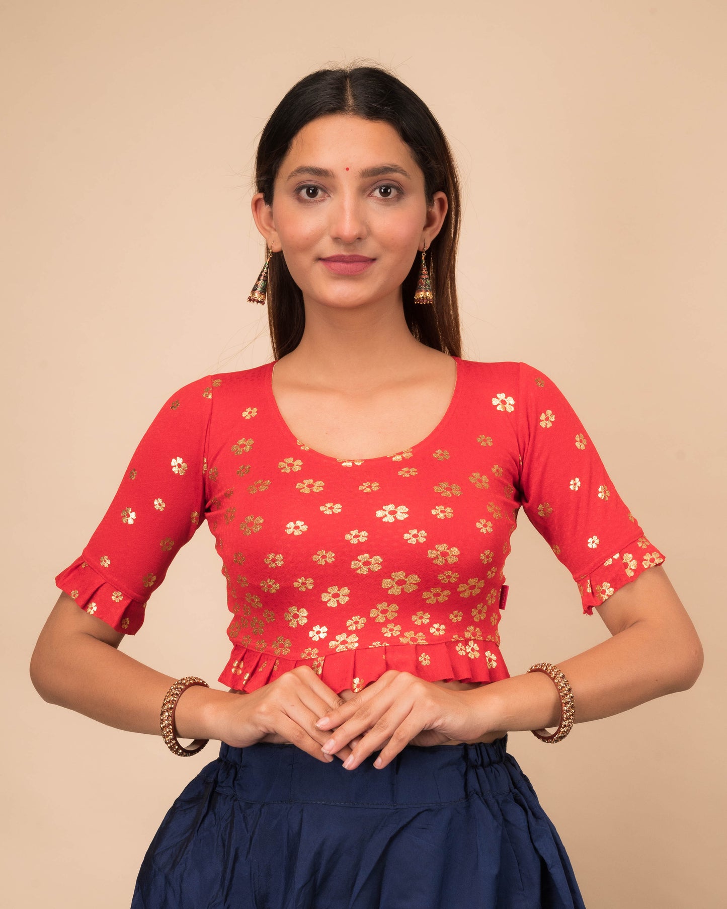 Daisy Red Gold Flower Print Frill Pleated Stretchable Slip On Blouse by Advi