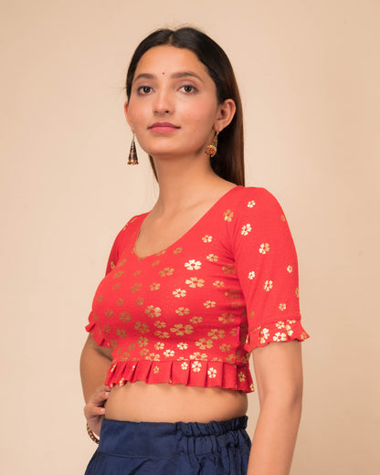 Daisy Red Gold Flower Print Frill Pleated Stretchable Slip On Blouse by Advi