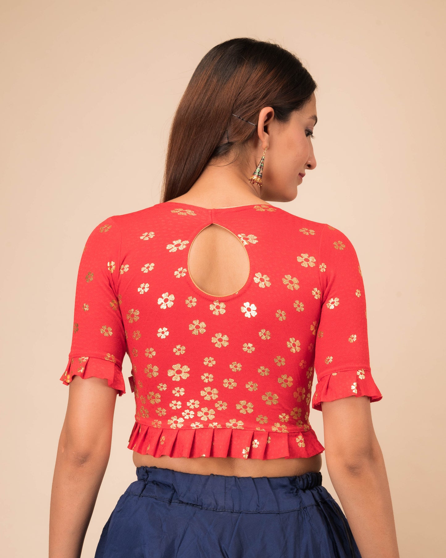 Daisy Red Gold Flower Print Frill Pleated Stretchable Slip On Blouse by Advi