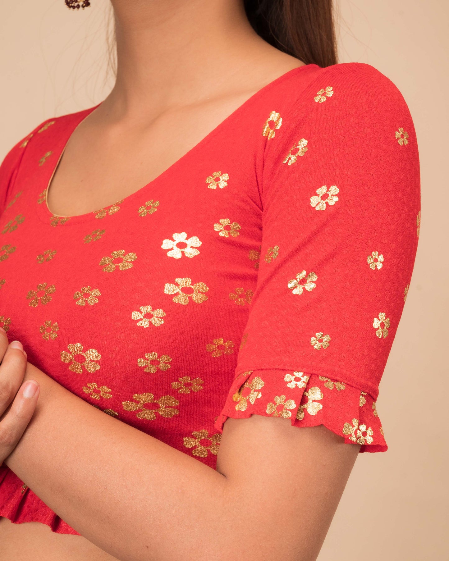 Daisy Red Gold Flower Print Frill Pleated Stretchable Slip On Blouse by Advi