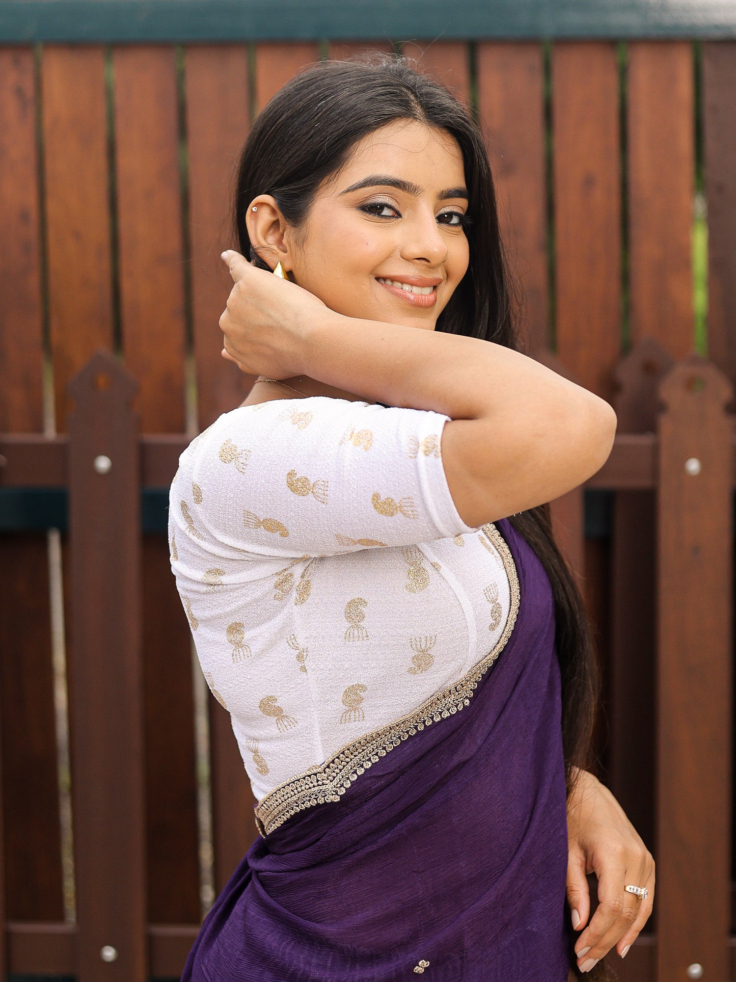 Jhumki White Jhumki Gold Foil Print Elbow Sleeve Stretchable Blouse by Advi