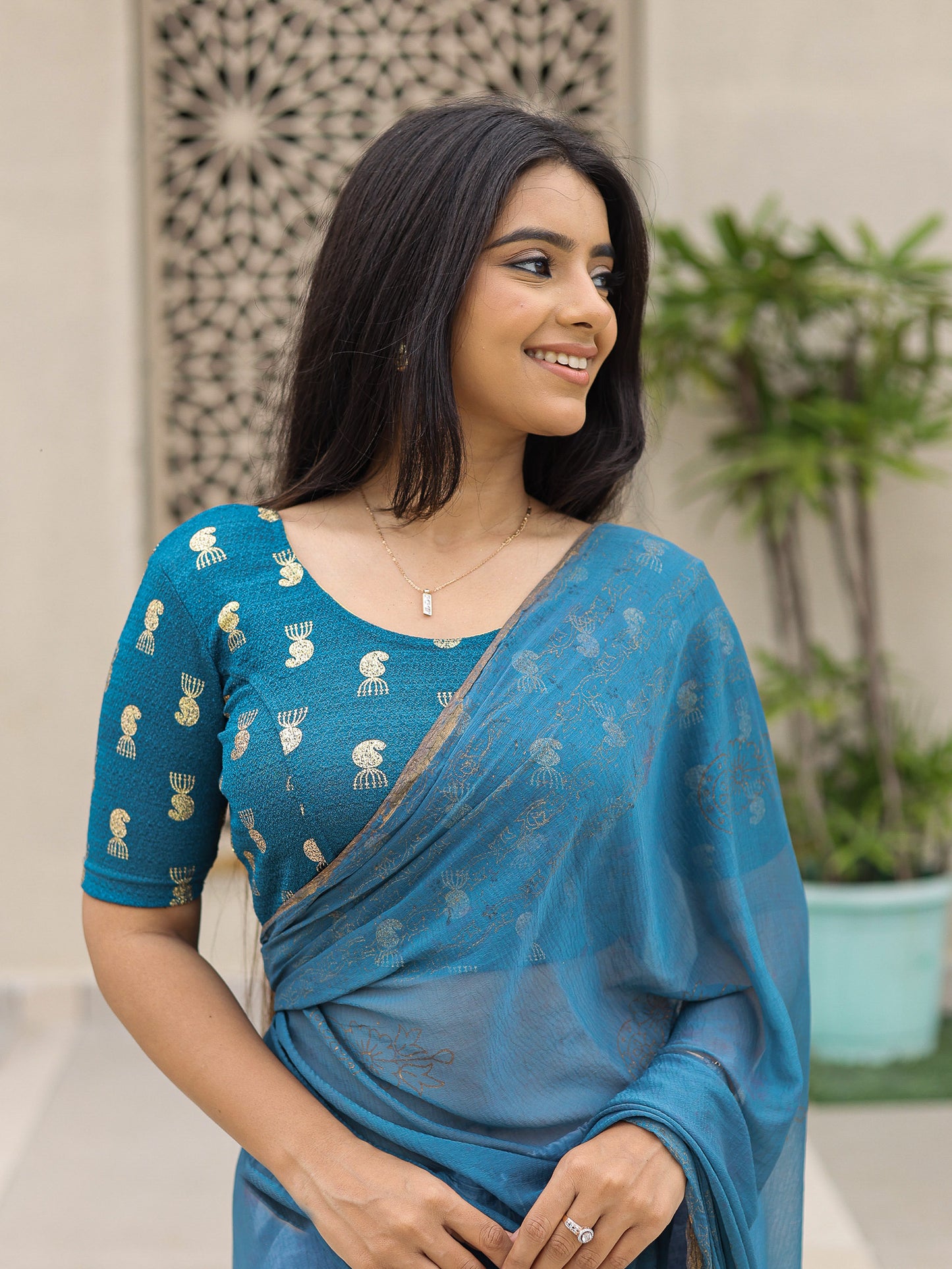 Jhumki Peacock Green Jhumki Gold Foil Print Elbow Sleeve Stretchable Blouse by Advi