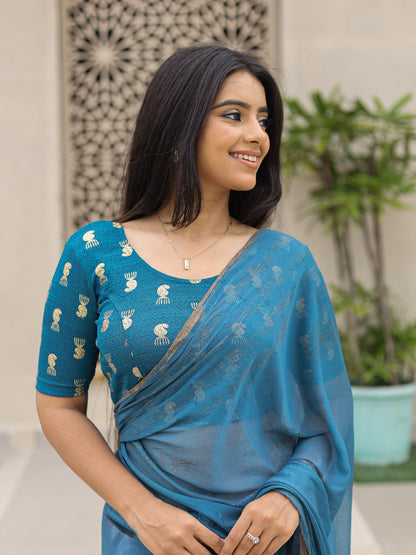 Jhumki Peacock Green Jhumki Gold Foil Print Elbow Sleeve Stretchable Blouse by Advi