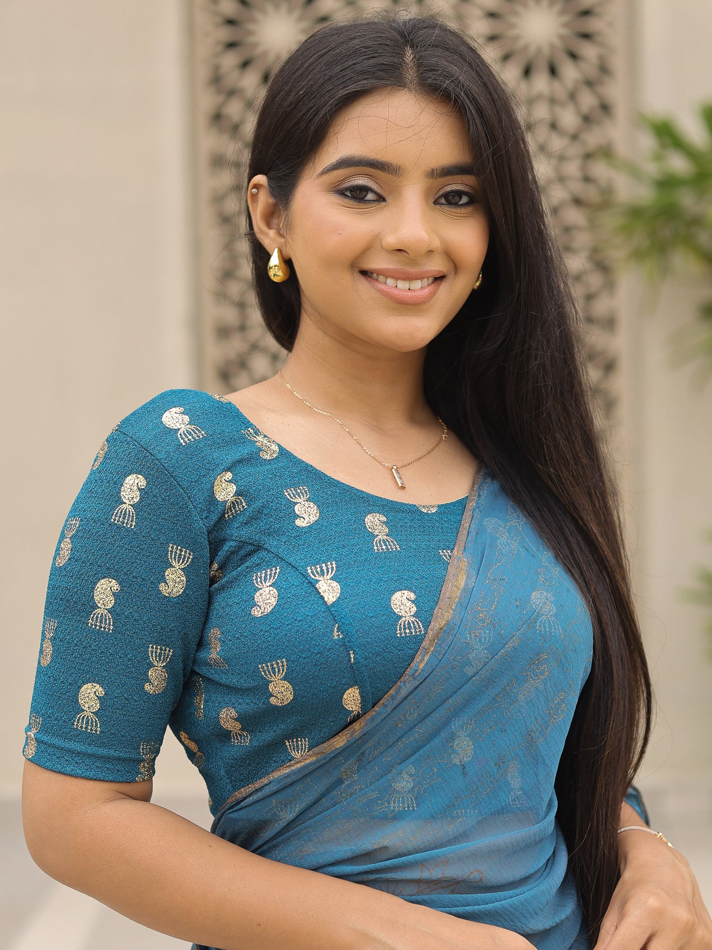 Jhumki Peacock Green Jhumki Gold Foil Print Elbow Sleeve Stretchable Blouse by Advi