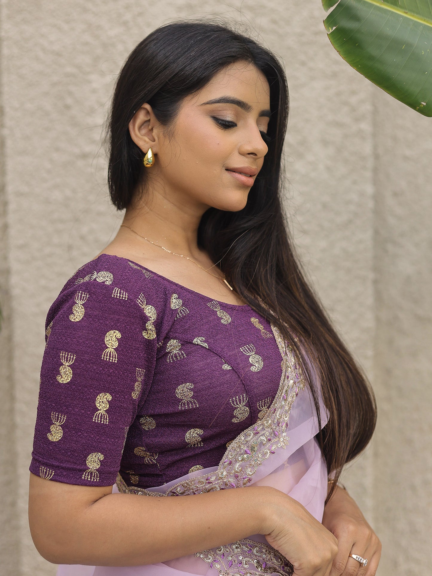 Jhumki Purple Jhumki Gold Foil Print Elbow Sleeve Stretchable Blouse by Advi
