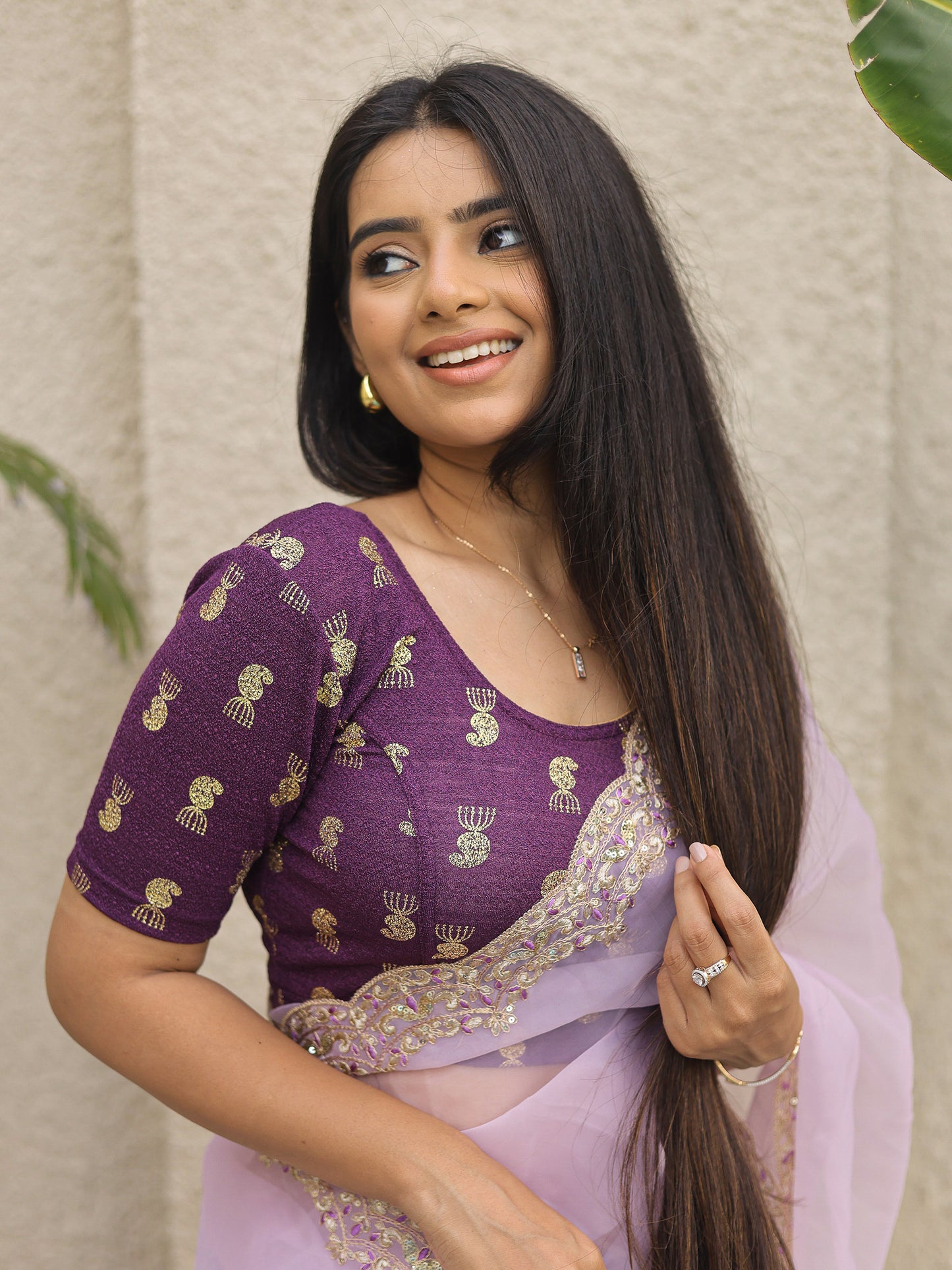 Jhumki Purple Jhumki Gold Foil Print Elbow Sleeve Stretchable Blouse by Advi