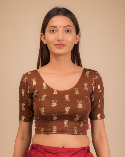 Jhumki Coffee Jacquard Blouse with Gold Foil Jhumki Buti by Advi