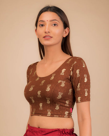 Jhumki Coffee Jacquard Blouse with Gold Foil Jhumki Buti by Advi