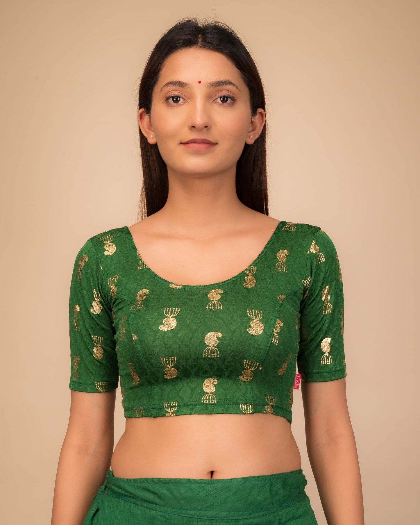 Jhumki Bottle Green Gold Foil Jhumki Buti Jacquard Blouse by Advi