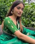 Jhumki Bottle Green Gold Foil Jhumki Buti Jacquard Blouse by Advi