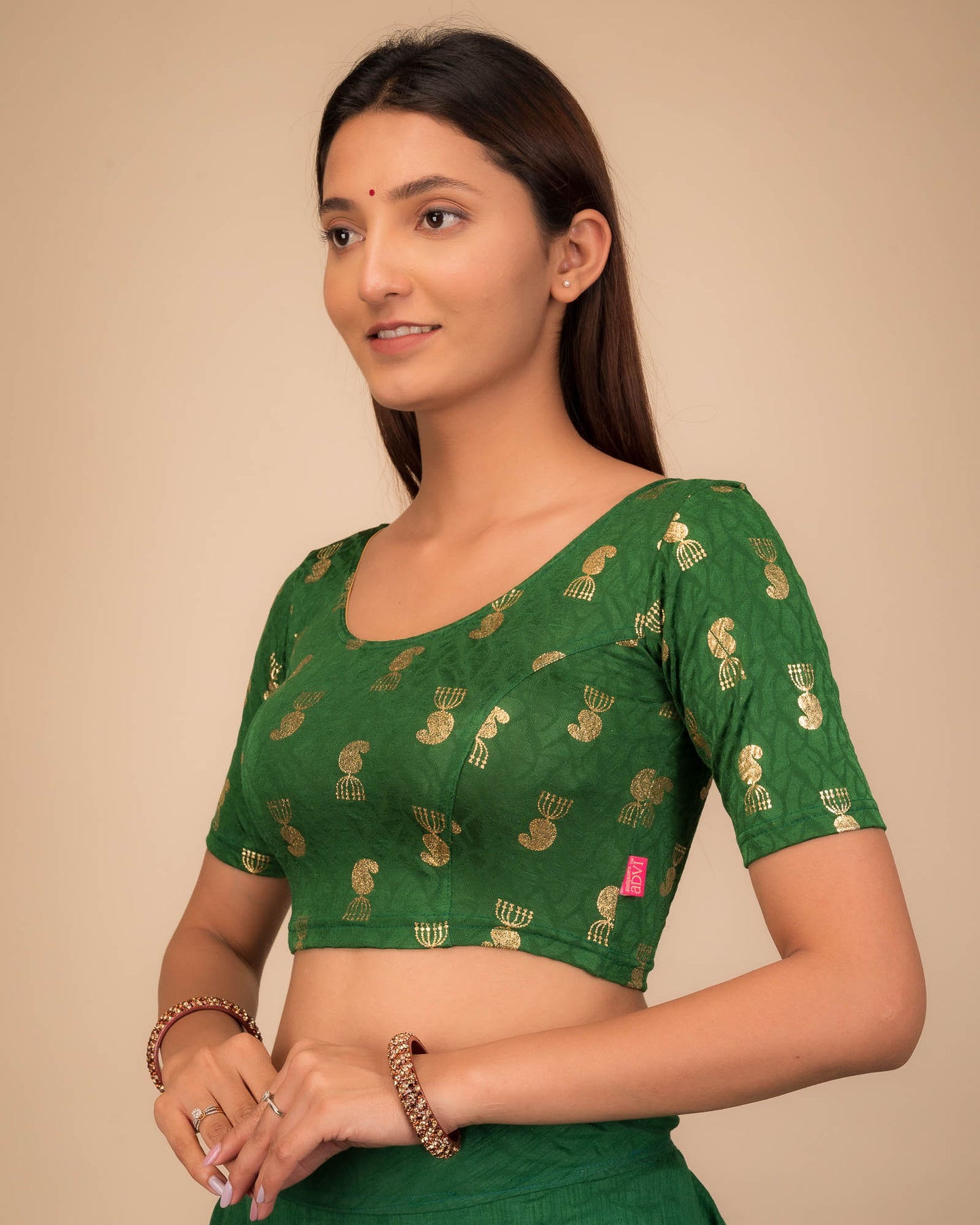 Jhumki Bottle Green Gold Foil Jhumki Buti Jacquard Blouse by Advi
