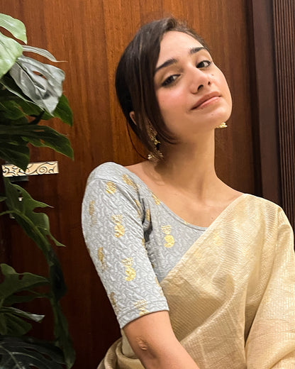 Jhumki Gray Jhumki Foil Print Jacquard Elbow Sleeve Blouse by Advi