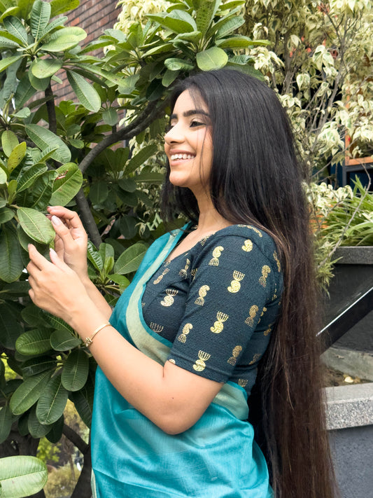 Jhumki Bottle Green Jhumki Gold Foil Print Elbow Sleeve Stretchable Blouse by Advi