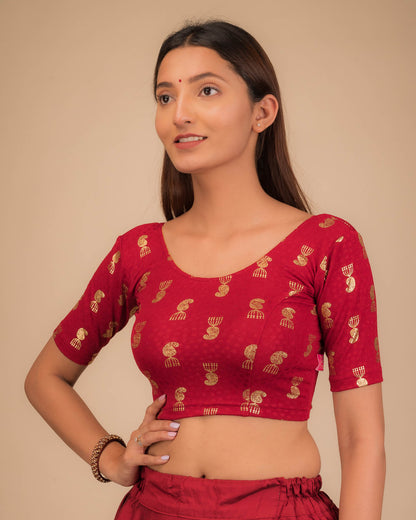 Jhumki Maroon Jhumki Buti Metallic Jacquard Stretchable Blouse by Advi